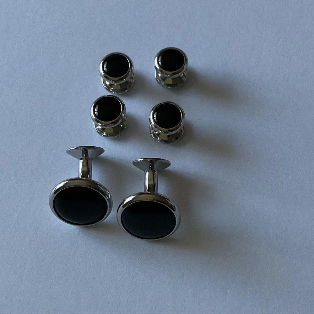 DAVID DONAHUE WHITE BRASS AND BLACK ONYX CUFF LINKS AND SHIRT STUD SET NEW